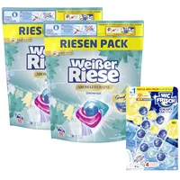 Weißer Riese Universal Trio-Caps A-Th. Lotus & Mandelöl (1x 120 WL), Vollwaschmittel mit intensivem Dufterlebnis & WC FRISCH Kraft Aktiv Duftspüler Mix Lemon + Frische Brise, 1x 200g