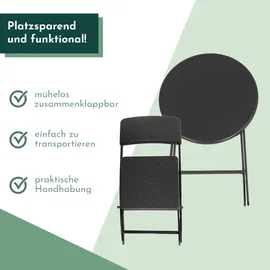 Lemodo Balkonmöbel Set 3-teilig, klappbar, 2x Balkonstühle + 1 runder Balkontisch, Rattan-Optik
