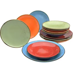 Tafelservice CREATABLE "Geschirr-Set NATURE COLLECTION Mediterran", bunt (orange, blau, grün, feuerrot), 12 tlg., Steinzeug, Geschirr-Sets, Service, 12 Teile, für 4 Personen