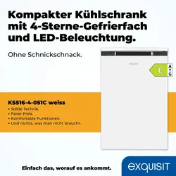 Exquisit Kühlschrank, Kühlschrank mit Gefrierfach, 107 Liter, Energieeffizienzklasse C, 4-Sterne-Gefrierfach, Kühlschrank klein, KS516-4-051C weiss