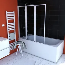 Marwell Badewannenfaltwand weiß 3-teilig 125x143 cm, Schwenkbare Duschwand für Badewanne, 4 mm Sicherheitsglas, Aluminiumprofile ohne sichtbare Verschraubungen, beidseitig montierbar