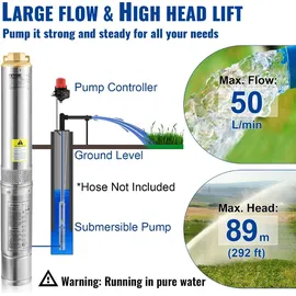 Vevor Tiefbrunnenpumpe 550W max. Durchfluss 50 L/min max. Förderhöhe 89 m sandbeständig