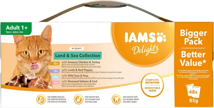 IAMS- Delights Portionsbeutel für ausgewachsene Katzen - mit einer Auswahl an Fleisch- und Fischfutter in Sauce 40x85g