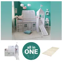 Homestyle4u Hochbett 90x200 Weiß mit Lattenrost und Rutsche Tunnel 2770