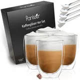 Panteer ® Latte Macchiato Gläser mit 4 Langen Löffeln 350ml x 4 Doppelwandige Gläser, Cappuccino Gläser, Doppelwandige Kaffeegläser, Thermogläser Doppelwandig, Teegläser - Aus Borosilikatglas