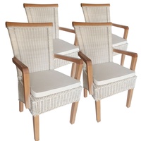 kreatives Wohnen Esszimmer Set mit Armlehnen 4 Stück Rattanstühle Stuhl Perth mit Sitzkissen Leinen Weiss, Holz, Extra breit