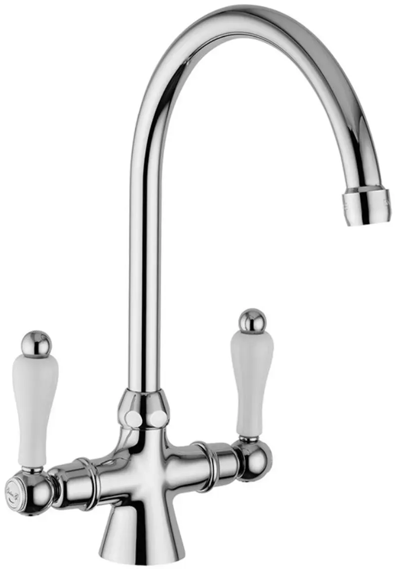 Jugendstil Retro Spültischarmatur Silber / Weiß H. 30,5 cm - Zweihebelmischer für Spülbecken Made in Italy