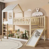 Flieks Etagenbett 90x200cm mit Rutsche, Kinderbett Hausbett mit Rausfallschutz, Hochbett Stockbett mit Lattenrost, Holzbett mit Leiter, Naturbelassen - Naturbelassen