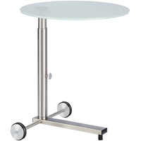 Ebinger Couch- und Beistelltisch in Edelstahl höhenverstellbar und fahrbar Ø 495 mm Satinierter ESG-Sicherheitsglasplatte Tischhöhe max. 650 mm P738.35.6