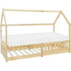 ML-Design Kinderbett+Matratze Haus Bettgestell Einzelbett Rausfallschutz Natur 90x200 cm