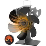 Kaminventilator Ohne Strom, Ofenventilator mit 6 Blättern für Kaminofen, Leiser Betrieb Wärmebetriebener Ventilator mit Thermometer, Effiziente Wärmeverteilung für Holzbrenner und Kamin
