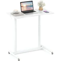 Costway Schreibtsich C-förmig mit Rollen, 70-106 cm höhenverstellbar, Kleiner Computertisch mit Metallrahmen, mobiles Stehpult, Laptoptisch, Weiß - Weiß