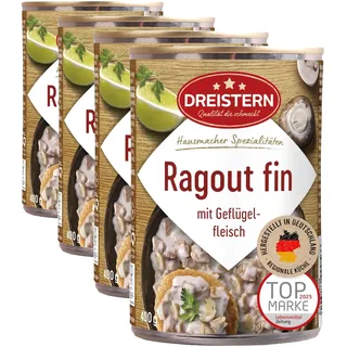 DREISTERN Ragout Fin 400g I leckeres Ragout in der praktischen recycelbaren Konserve I köstliche Kombination aus Truthahnfleisch & Kalbfleisch - Qualität die schmeckt (Packung mit 4)