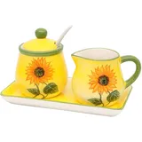Dekohelden24 Dolomite Zuckerdose mit Löffel, Milchkännchen und Platte als 3er Set, Motiv: Sonnenblume in gelb/grün, Größe ca. 19 x 10,5 cm.