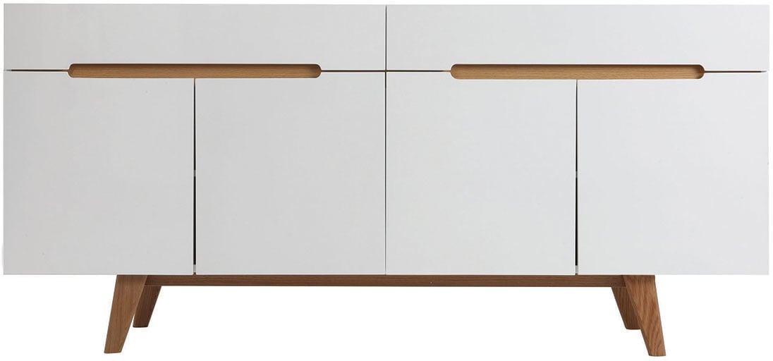 Buffet scandinave blanc brillant et finition bois clair 4 portes 2 tiroirs L180 cm MELKA