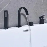 Homelody Badewannenarmatur 4 Loch Schwarz, Badewanne wasserhahn Duschset mit Armatur Handbrause Wasserfall Wannenarmatur