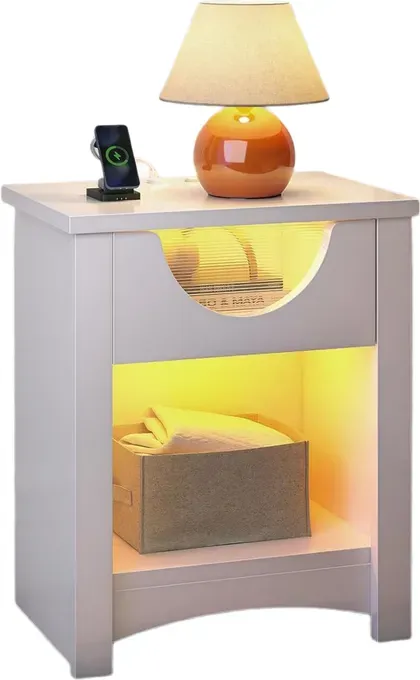 Bestier Nachttisch mit Schublade, offenem Fach, LED, USB/USB-C, 48x30x60 cm, Holzbeine, Weiß