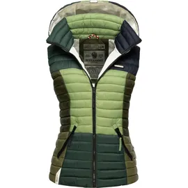 Navahoo Damen Steppweste leicht mit Abnehmbarer Kapuze Colourblocking-Stil Shadaa Multikulti Multicolour Green Forest Gr. S - S