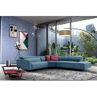 Egoitaliano Ecksofa Stefanie-e, Designsofa der Extraklasse, bequem mit hohem Sitzkomfort, mit Relaxfunktion und verstellbaren Kopfteilelementen blau