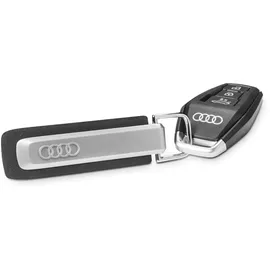 Audi Collection Audi Schlüsselanhänger Metall Leder Anhänger Schlüsselring Keyring Gravur, mit Q6 e-tron Schriftzug und Audi Ringe Logo, silber/schwarz