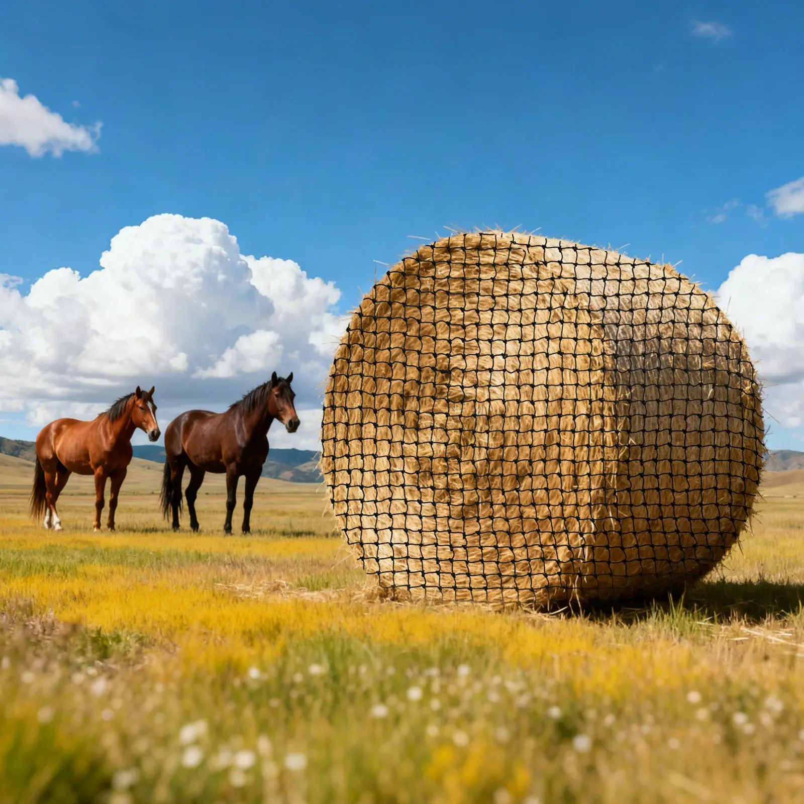 VEVOR Heunetz Rundballen, 1,5x1,5x1,5 m, Maschenweite 44,45x44,45 mm, PE-Material, verstärkte Knotenkonstruktion, mit Kabelbindern, Nadelschiffchen & Reparaturgarn, Futternetz für Pferde