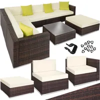 tectake® Poly Rattan Lounge, Garten Loungemöbel Set für 6 Personen, große Sitzgruppe mit L-Form Sofa und Esstisch Outdoor, Gartenmöbel wetterfest, Terrassenmöbel inkl. Hocker, Kissen- braun gemischt