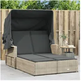 vidaXL Doppel-Sonnenliege mit Dach und Auflagen Hellgrau Poly Rattan