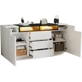 STILVORA Sideboard 140x40x68 cm Weiß+Schwarz mit 2 Türen 3 Schubladen und LED-Beleuchtung Hochglanzfront verstellbare Trennwände halboffene Fächer