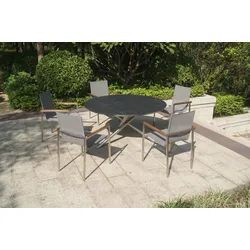 OUTFLEXX Garten-Essgruppe, silber/grau, Edelstahl/Glaskeramik/Textilene/Teak, Tisch Ø150cm, 5 Sessel