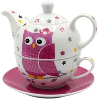 Dekohelden24 Porzellan Teekannen-Set/Tea for one mit Eule in weiß/pink,