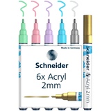 Schneider Paint-It Acrylstifte (Set 2 mit 2 mm Rundspitze, hochdeckende Acrylfarben für Holz, Leinwand, Stein uvm.) 6 Stück(e) Gold, Hellblau, Hellgrün, Hellrosa, Violett, Silber