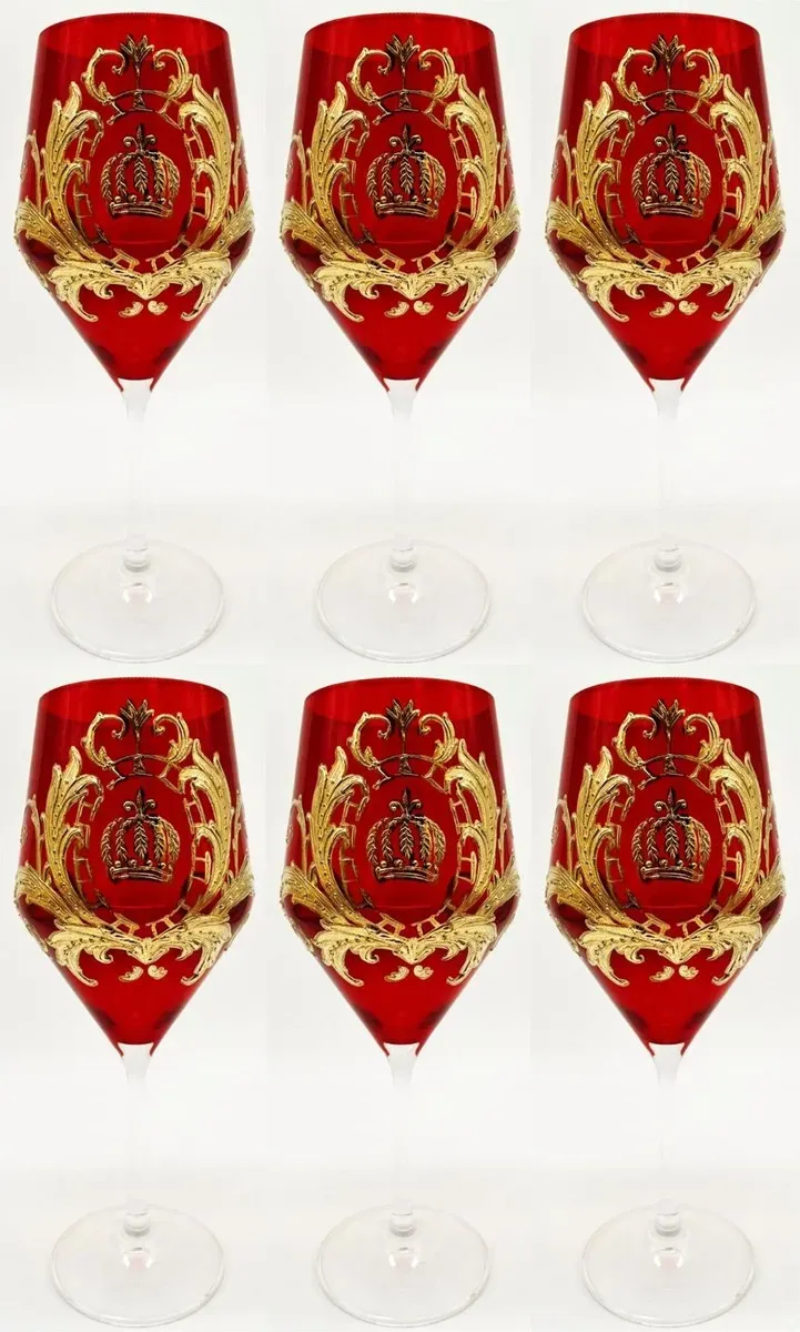 Pompöös by Casa Padrino Luxus Rotweinglas Set Rot / Gold Ø 8,7 x H. 20,3 cm - Weingläser mit 24 Karat Vergoldung - Pompööse Weingläser designed by Harald Glööckler