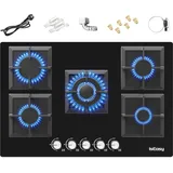 Iseasy - Glas Gaskochfeld 5 Flammig Mit Automatischer Thermoelementschutz,l77 X P51 Cm, Einbau Gaskochfeld,5 Zonen Gaskocher, Erdgas/propangas, Schwarz Glasherd