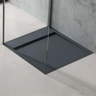 doporro Duschtasse Duschwanne 70x70x4 flach Mineralguss in Anthrazit DIN-Anschlüsse für bodenebene Montage geeignet Geoma04 -