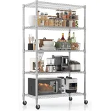 Fünfstöckiges Standregal mit Rollen, höhenverstellbares Schwerlastregal, 91x45x208 cm, Garagenregal, Lagerregal, Küchenregal, trägt mindestens... - Silber