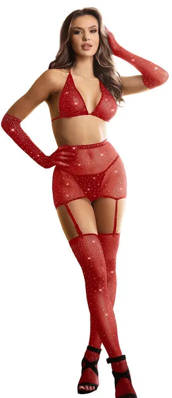 SUBBLIME - 952181 NETZ-BODYSTOCKING MIT HANDSCHUHEN UND DIAMANTEN ROT EINE GRÖSSE