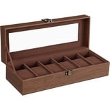 SONGMICS Uhrenbox mit 6 Fächern, Uhrenbox, Glasdeckel, abnehmbare Kissen, Schloss aus Metall, Beschichtung in Braun und Futter in Braun JWB006K01