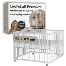 Sämann Laufgitter mit Matratze Cloud Air & Schlupfsprossen - weiß - Premium | Gr.: 120x120 cm