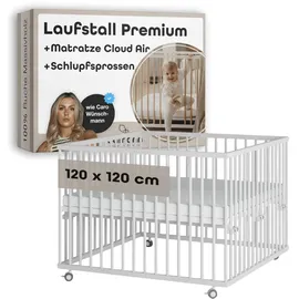 Sämann Laufgitter mit Matratze Cloud Air & Schlupfsprossen - weiß - Premium | Gr.: 120x120 cm