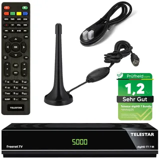 Telestar TT7 DVB-T2 Receiver + 3 Monate Freenet GRATIS + DVB-T Antenne + netshop 25 HDMI Kabel, HDTV, PVR Ready, HD USB Mediaplayer, HDMI (Hybrid Receiver für DVB-T2 und Kabel TV)