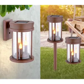 GLOBO 2er Set LED Solarleuchte, Feuer-Effekt, rostfarben, 3in1, 12 cm,