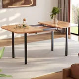 Klassischer Ausziehbarer Esstisch Aus Mdf Für 4–6 Personen, Rechteckiger Tischständer Aus Legierung, Schwarze Metallbeine, Naturfarben, 120–160 Cm