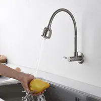 HOMELODY Wasserhahn Küche Wandmontage nur Kaltwasser Armatur Wandarmatur 360° Schwenkbar Doppelfunktion, Edelstahl Gebürsteter Nickel Federhahn