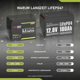 LANGZEIT Batterien Langzeit LiFePO4 100Ah 12V