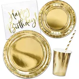 Decoraparty Goldenes Geschirr-Set für 6 Personen, Tischdekoration mit Happy Birthday Schriftzug - 6 Becher, 6 große Teller, 6 kleine Teller, 20 Servietten, 10 Strohhalme (48 Stück)