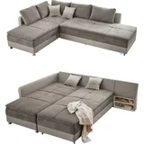luma-home schönes für dein zuhause Federkern Ecksofa Doppelbett Dauerschläfer Bettkasten, Couch in Grau-Braun/ Beige / 15102