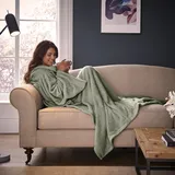 Silentnight Snugsie Sage tragbare Decke – weiche Teddy-Fleece-Decke mit Ärmeln – 2-in-1-Ärmeldecke und Kissen – Übergröße mit Fußtasche