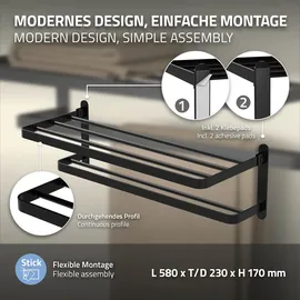 ML-Design Handtuchhalter ohne Bohren, 58 cm Handtuchstange selbstklebend, Schwarz, Aluminium, Handtuchregal zur Wandmontage für Badezimmer, 90°klappbar, Doppelte Handtuchablage, Badetuchhalter faltbar