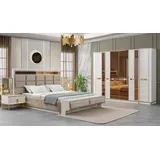 JV Möbel Luxus Schlafzimmer Gold Weiß Bett Kleiderschrank, 2x Nachttisch Komplettes Set