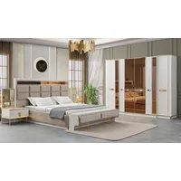 JV Möbel Luxus Schlafzimmer Gold Weiß Bett Kleiderschrank, 2x Nachttisch Komplettes Set